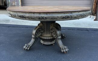 Exceptional 60" Round Oak Dining Table with Carved Apron