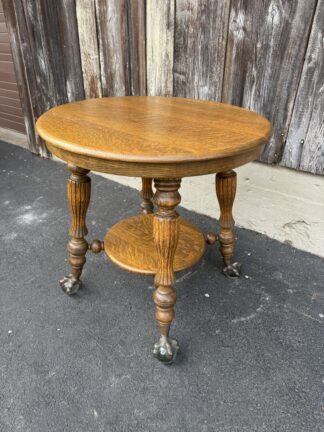 High Quality Round Oak Lamp Table with Brass & Glass Ball & Claw Feet