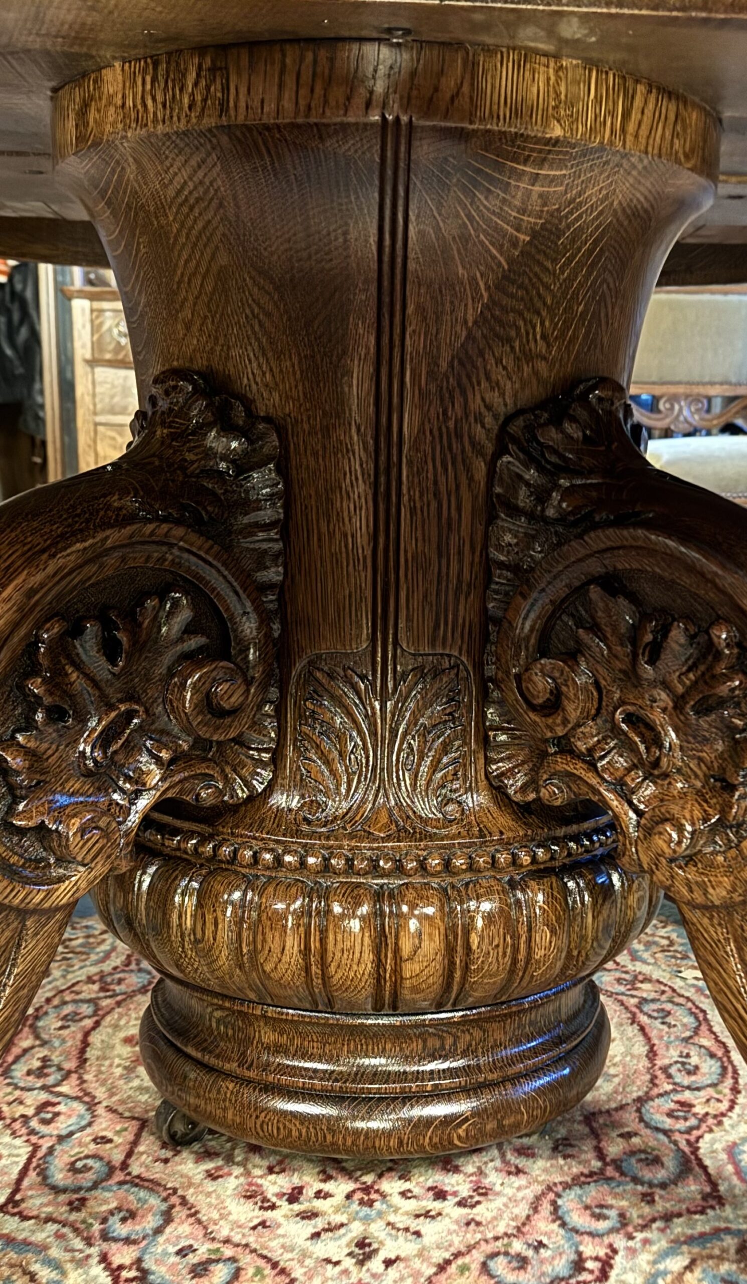Exceptional 60" Round Oak Dining Table with Carved Apron & 5 original leaves - Image 7