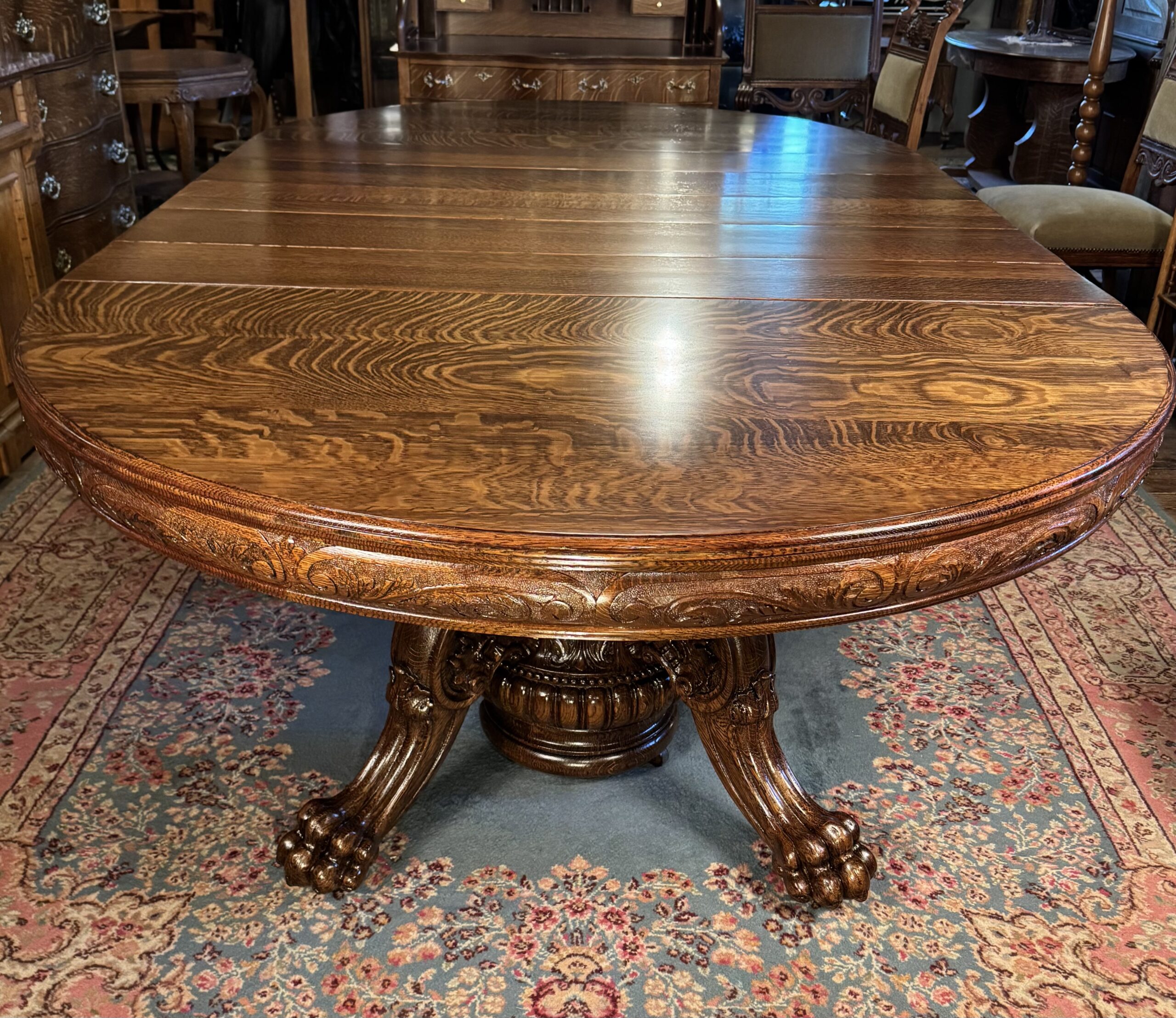 Exceptional 60" Round Oak Dining Table with Carved Apron & 5 original leaves - Image 3