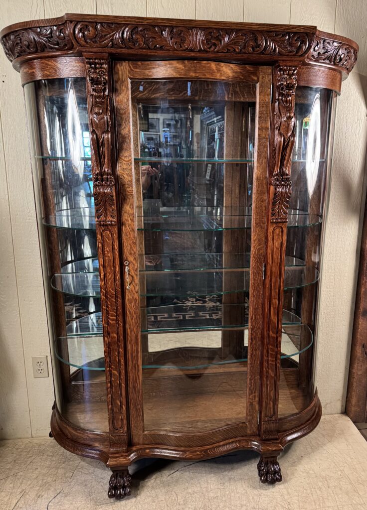 Large Oak China Cabinet with Serpentine Glass Door and Griffins
