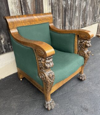 Upholstered Oak Parlor Chair with Heavily Carved Lion Heads